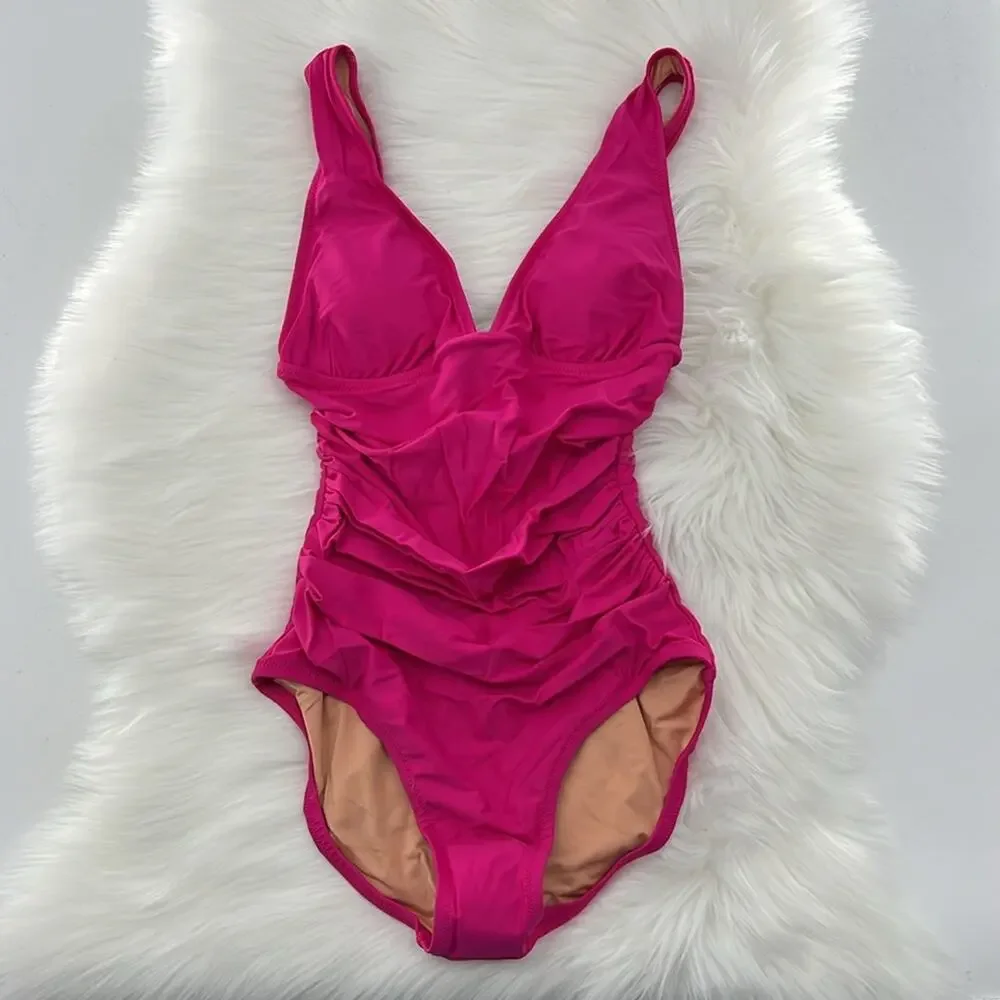 J.Crew Women's Ruched V-neck One-piece - Radiant Fuchsia - 4 - New with tags